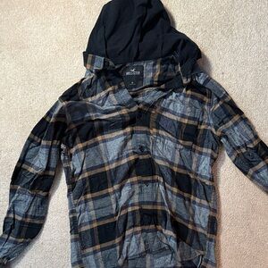 Hollister Black and Gray Plaid Hooded Shirt